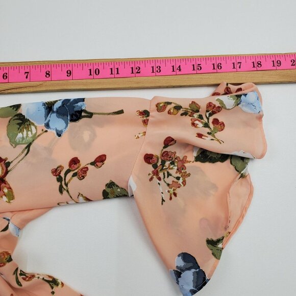 My Michelle Bell Sleeve Ruffle Blouse Size M Floral 3/4 Sleeve Peach Blue Career - Picture 16 of 16